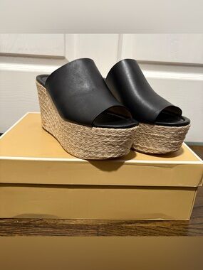 Michael Kors Black Leather Espadrille Platform Wedge Slides